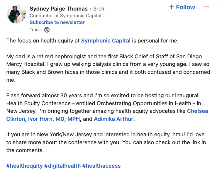 A LinkedIn post from Sydney Paige Thomas, conductor at Symphonic Capital, about her personal relationship to health equity and access